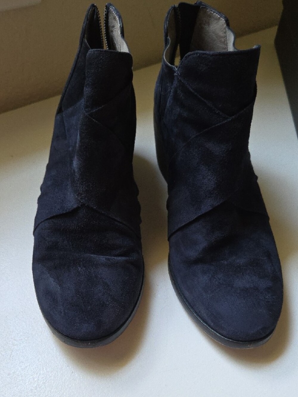 Eileen Fisher Navy Suede Wrap Detail Ankle Booties - Picture 3 of 8